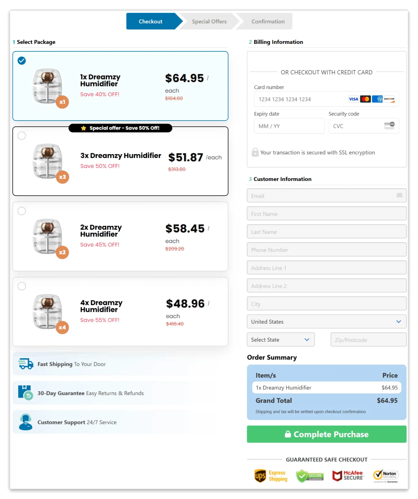 Dreamzy Humidifier checkout page